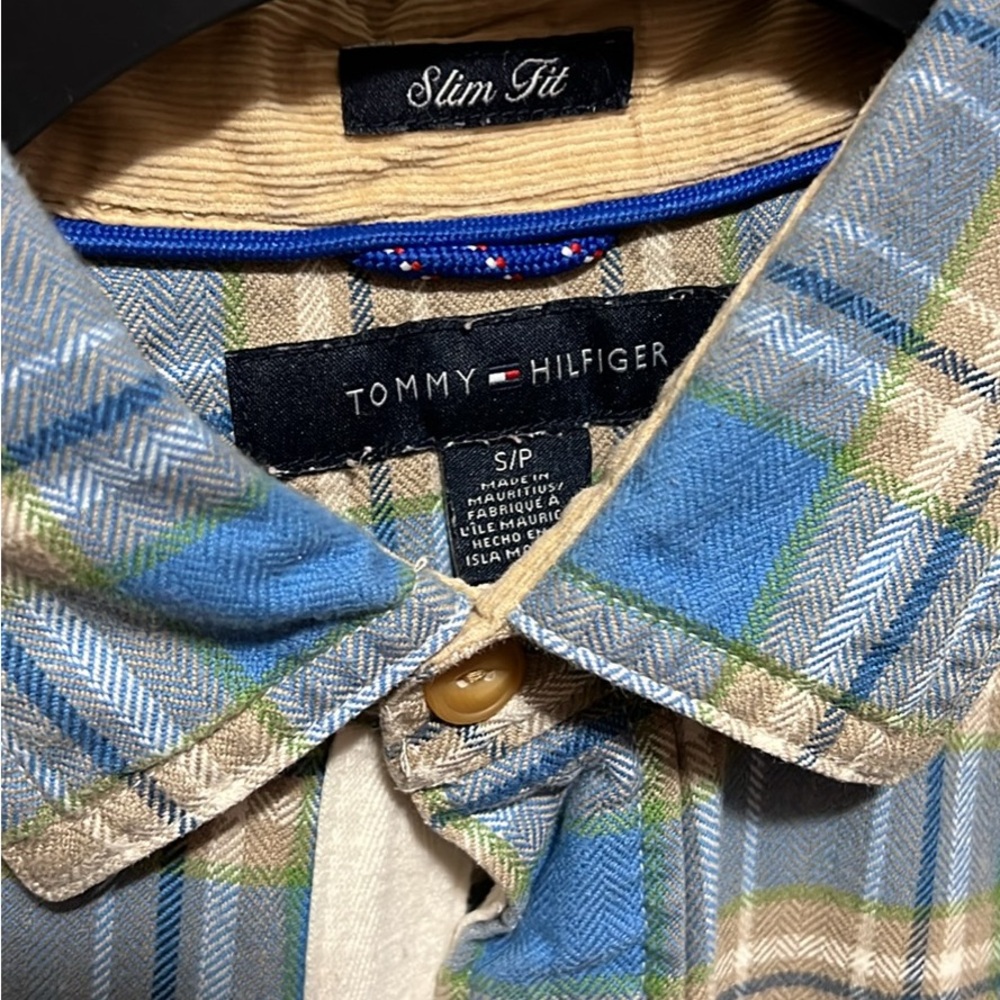 Tommy Hilfiger Blue and Green Plaid Shirt size small flannel